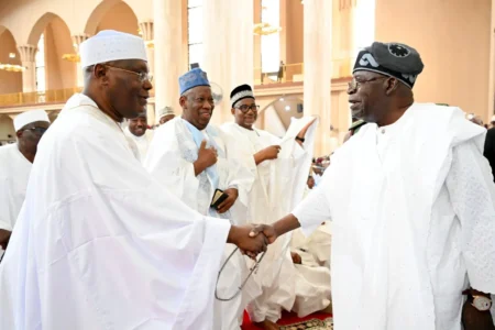 Tinubu, Atiku meet at Dangoje daughter’s wedding