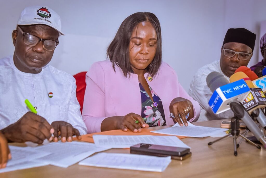 Head of Service, Folakemi Olomojobi and others signing the agreement while representing Governor Biodun Oyebanji [PHOTO CREDIT: X]