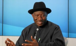 Goodluck Jonathan speaking at his foundation’s 10th-anniversary dinner, addressing political conduct and democratic stability.