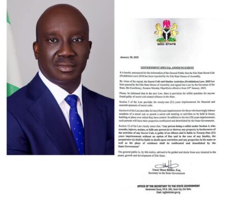 Okpebholo signs anti-cultism law, imposes stiffer penalties