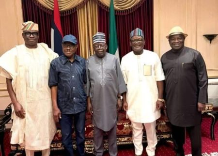 Wike, ex-PDP govs meet Tinubu in Aso Rock From left: Ayodele Fayose, Nyesom WIke, President Bola Tinubu, Samuel Ortom and Okezie Ikpeazu