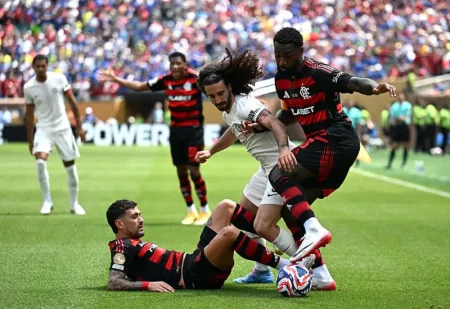 Chelsea players react in frustration as Flamengo celebrates a goal during their 3-1 comeback win at the 2025 Club World Cup in Philadelphia.