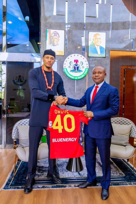 Gov Mbah appoints Super Eagle’s goalie Okoye as Enugu ambassador Maduka Okoye and Governor Peter Mbah at Lion Building in Enugu