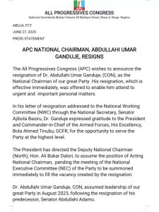 Formal Kano State Governor Ganduje resignation letter