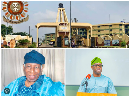 Students of The Polytechnic Ibadan block the main entrance and Sango-Eleyele Road during a protest against the proposed renaming of the institution.