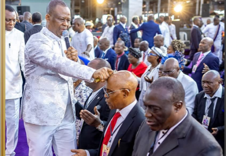 Dr Daniel Olukoya speaking at MFM Global Ministers Conference during mass ordination of 5,000 new ministers.