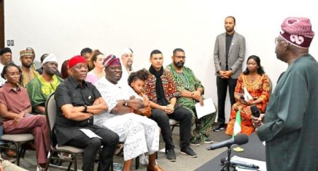 Bola Tinubu addresses Nigerians in Brazil. Credit: X/@aonanuga1956