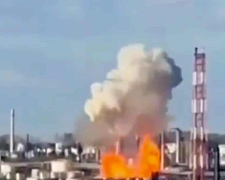 Ukrainian drone strike ignites fire at major Russian oil refinery
