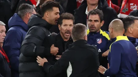 Simeone banned one match after Anfield clash UEFA bans Diego Simeone for one game after Anfield clash with Liverpool fans; Atletico boss to miss Frankfurt tie. Liverpool fined €4,000 for crowd trouble.
