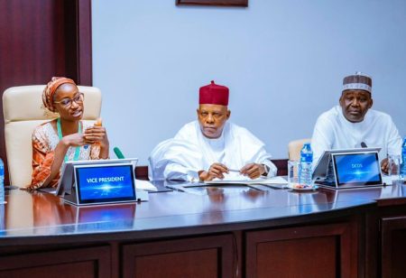 Shettima reaffirms Tinubu’s commitment to girl-child education  L-R: Joy Ogah, Kashim Shettima and one other