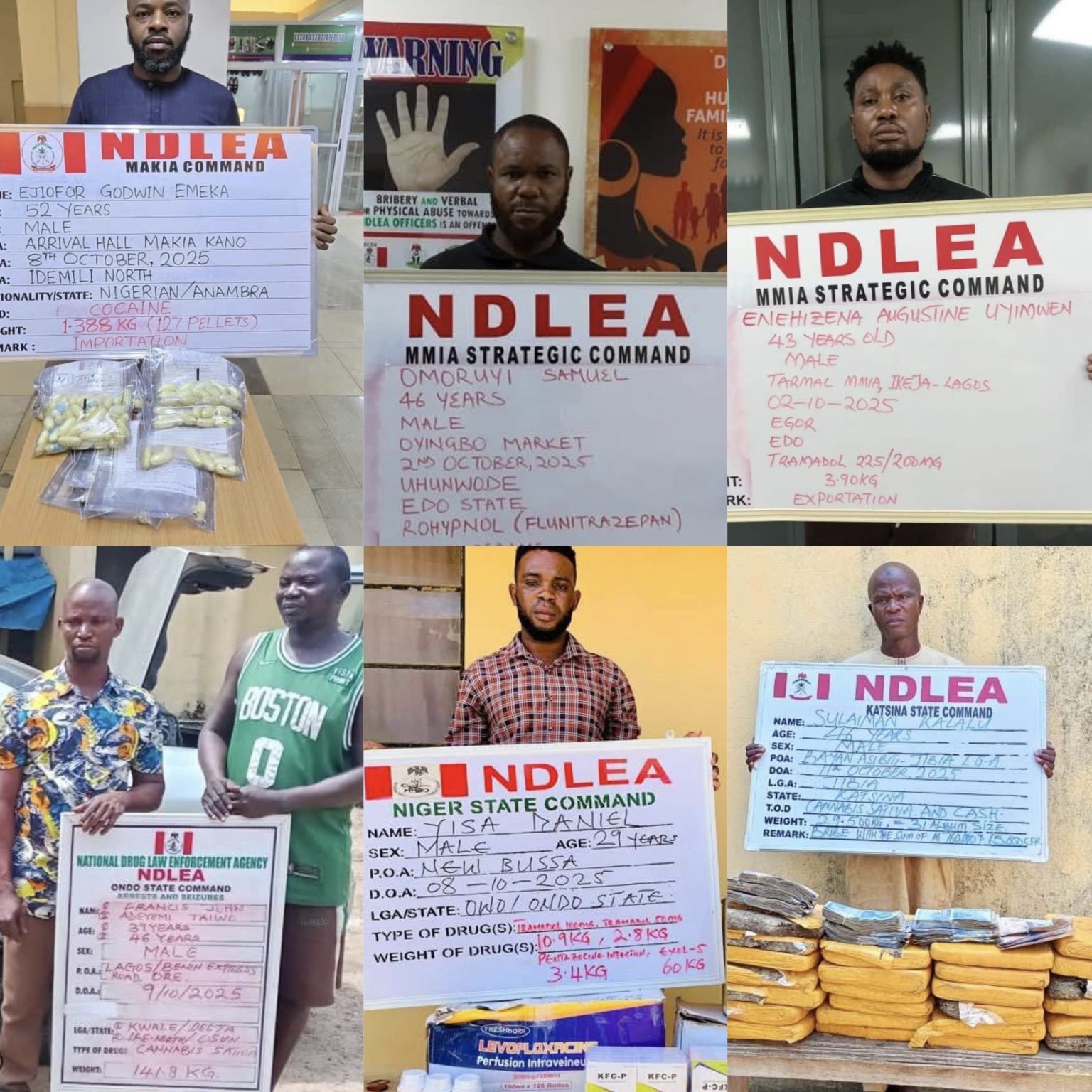 NDLEA nabs businessman with 127 wraps of cocaine, foils multiple drug shipments abroad Operatives of the National Drug Law Enforcement Agency (NDLEA) have apprehended a 52-year-old businessman, Ejiofor Emeka, at the Mallam Aminu Kano International