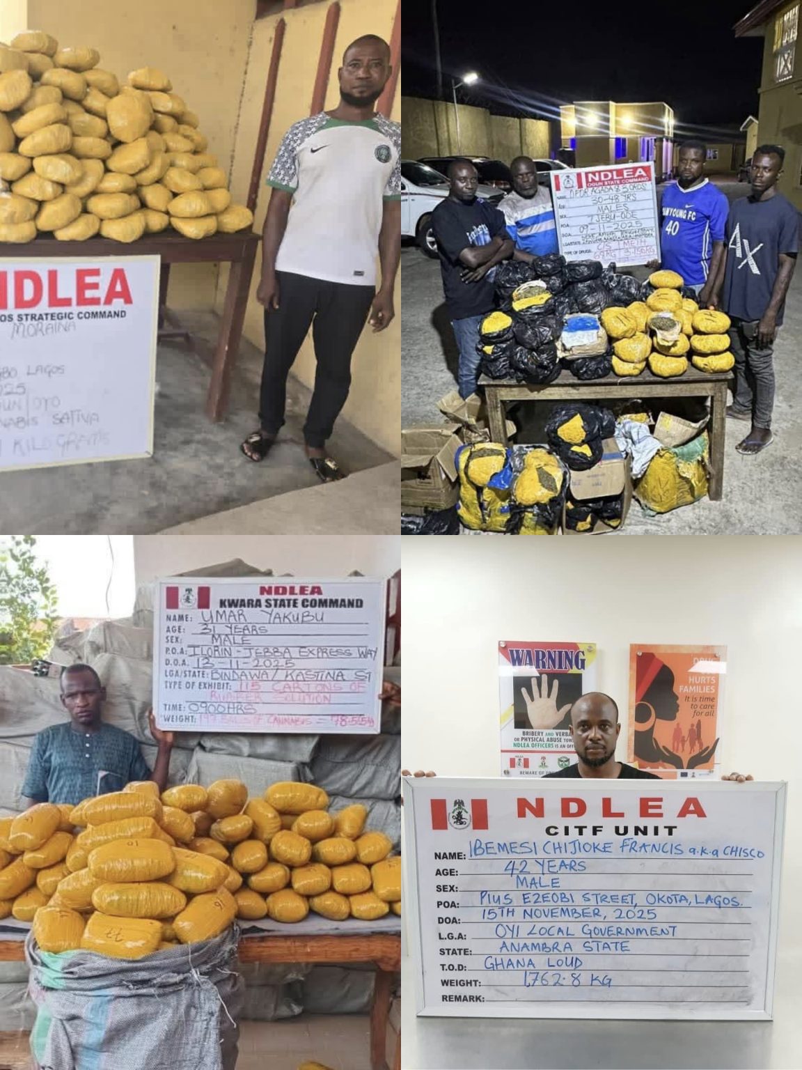 NDLEA arrests drug baron, seizes cannabis worth millions in Lagos Foreign currencies and a massive haul of cannabis worth millions of naira were seized at the weekend after operatives of the National Drug Law Enforcement Agency (NDLEA) arrested