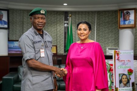 Minister of State for Finance Doris Uzoka-Anite meeting with Nigeria Customs Comptroller-General Bashir Adewale Adeniyi in Abuja.