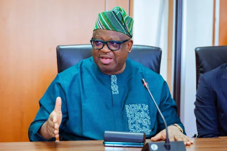 Plateau State Governor Caleb Mutfwang speaking at the Government House in Jos after joining the APC.