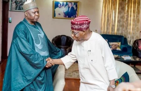 PDP leaders led by Taminu Turaki meeting former President Olusegun Obasanjo in Abeokuta.