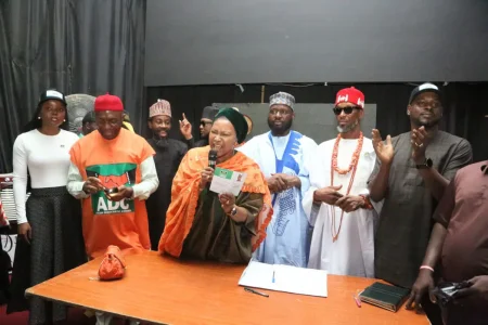 Senator Ireti Kingibe after receiving her ADC membership card in Abuja.