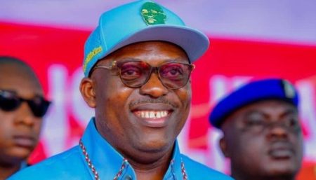 Rivers State Governor Siminalayi Fubara speaking to journalists at the APC headquarters in Abuja after defecting from the PDP.