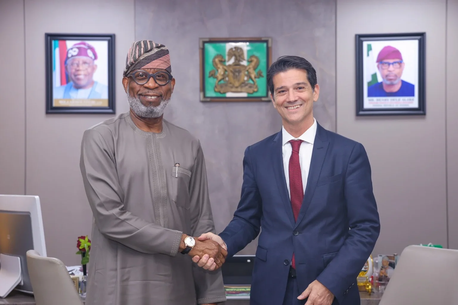 Minister of Solid Minerals Development, Dele Alake with the Canadian High Commissioner to Nigeria, Pasquale Salvaggio, at his office in Abuja on Thursday. Photo: Ministry of Solid Minerals Development.