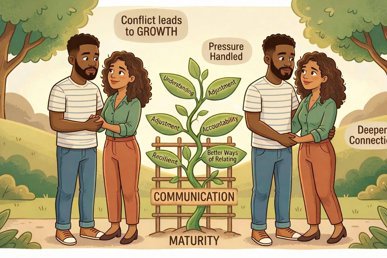couple holding hands by a growing vine labeled "Understanding," showing how healthy relationship conflict leads to maturity and growth.