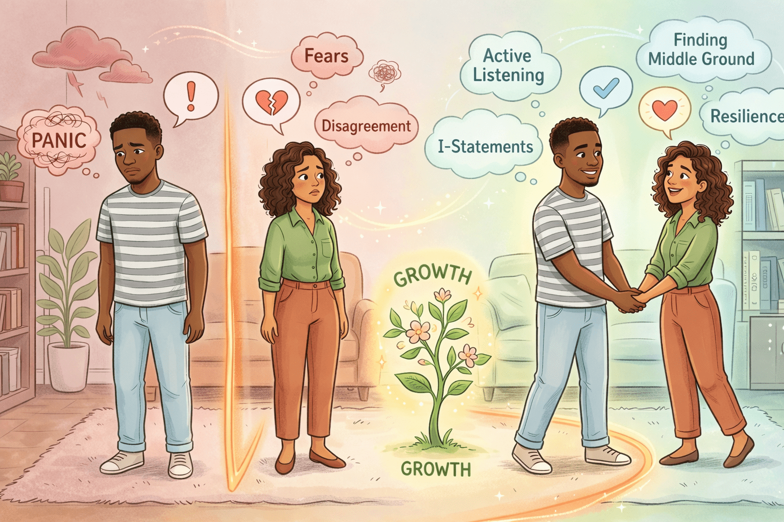 couple moving from panic to peace, illustrating how healthy relationship conflict fosters maturity and deeper connection through active listening.