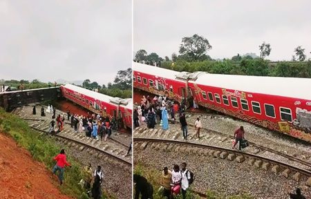 Passengers and officials at the Abuja–Kaduna railway line after a train derailment near Asham involving a service operated by the Nigerian Railway Corporation.