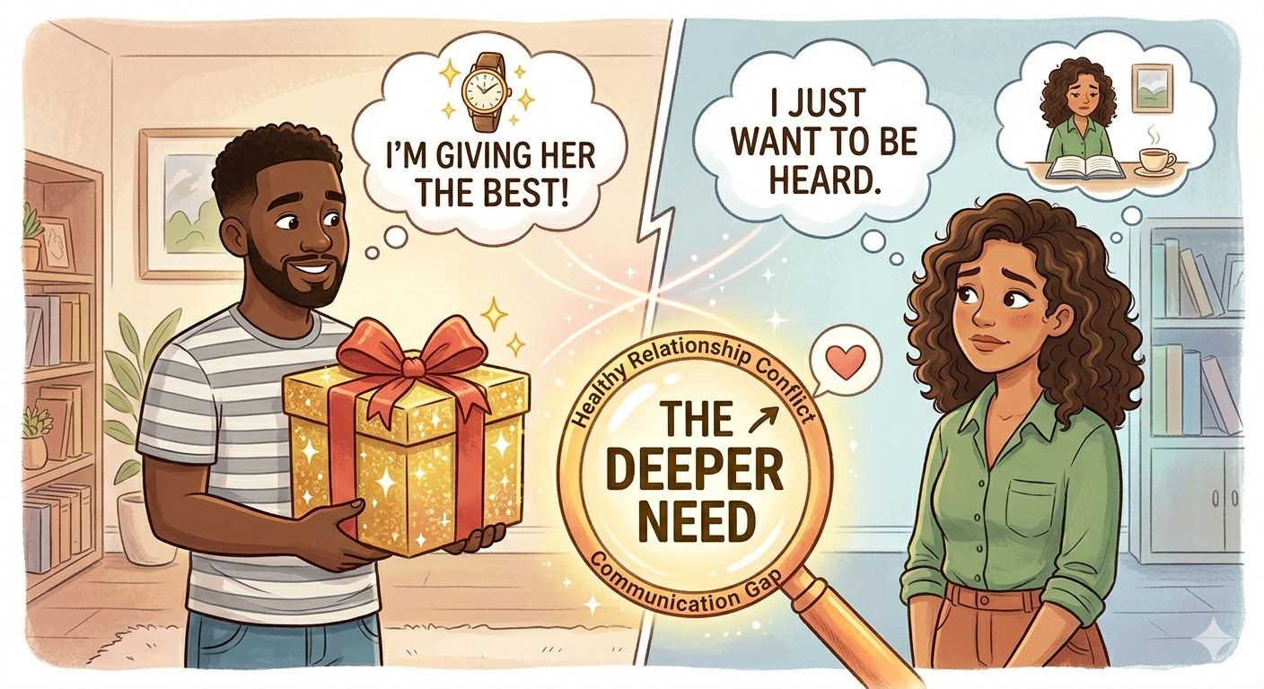 A cartoon illustrating a communication gap in marriage; a husband gives a "befitting" gift while the wife hopes for something personal, showing that healthy relationship conflict is often about the need to be understood