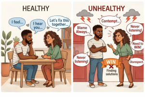 Healthy Relationship Conflict: Why You Should Stop Panicking and Start Growing A split-panel cartoon comparing healthy relationship conflict to unhealthy patterns; the left side shows a diverse couple calmly practicing active listening at a table, while the right side shows a defensive argument centered on blame and the need to win.