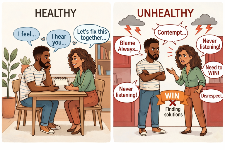 Healthy Relationship Conflict: Why You Should Stop Panicking and Start Growing A split-panel cartoon comparing healthy relationship conflict to unhealthy patterns; the left side shows a diverse couple calmly practicing active listening at a table, while the right side shows a defensive argument centered on blame and the need to win.