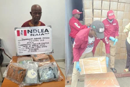 NDLEA operatives inspect seized cocaine hidden in food items at Abuja airport.