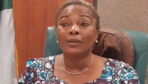 Omowumi Ogunlola speaking at a media briefing in Ado Ekiti, announcing her decision not to contest the 2027 National Assembly elections.