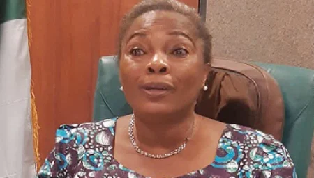 Omowumi Ogunlola speaking at a media briefing in Ado Ekiti, announcing her decision not to contest the 2027 National Assembly elections.