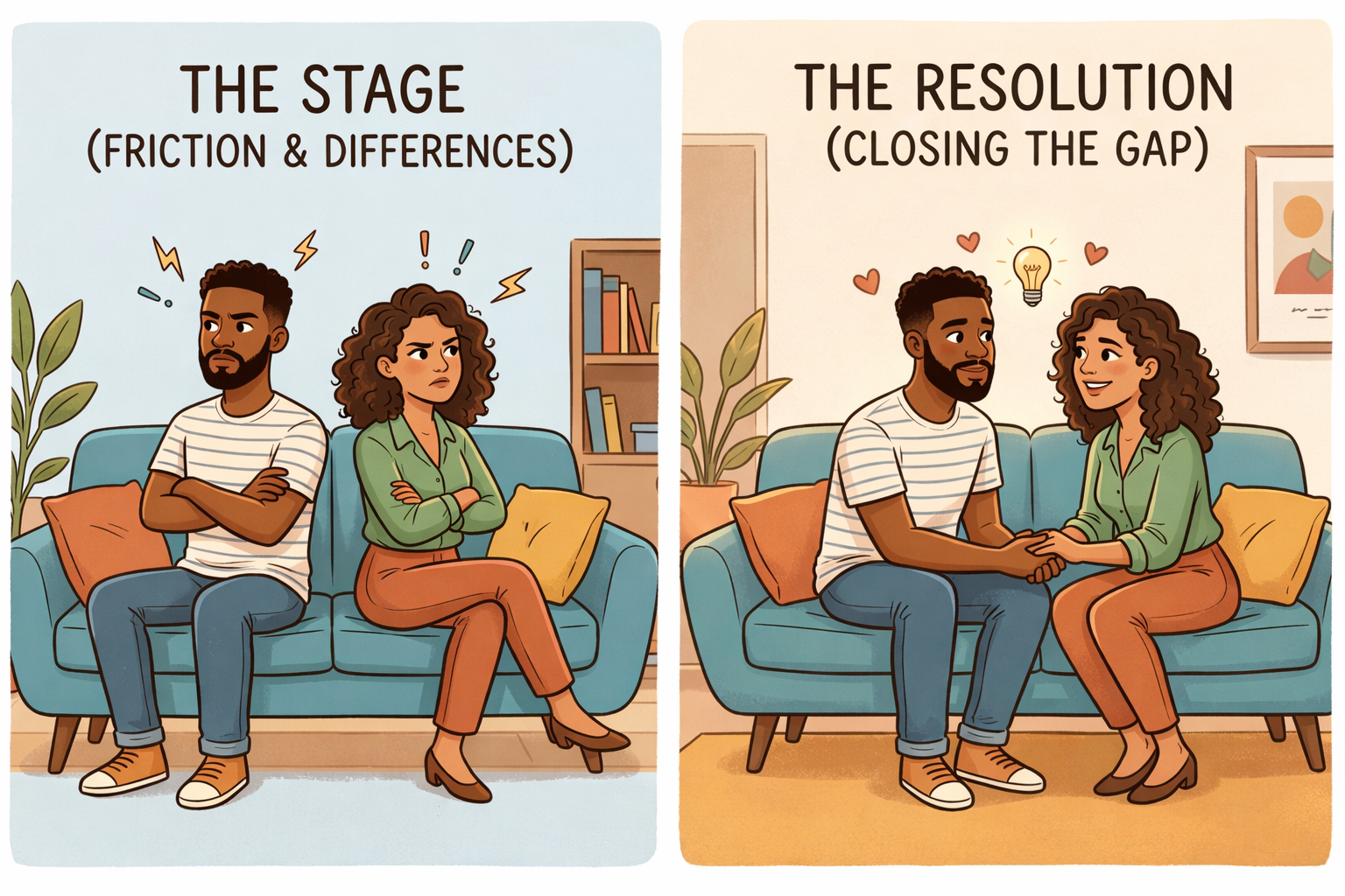 A couple navigating a healthy relationship conflict from tension to resolution