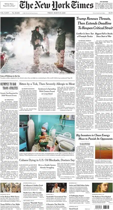 Front pages of Newspapers around World — 27 March 2026