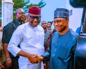 Kaduna State Governor Uba Sani ,being received by Ekiti State Deputy Governor Monisade Afuye at Ekiti Airport ahead of the APC campaign launch.