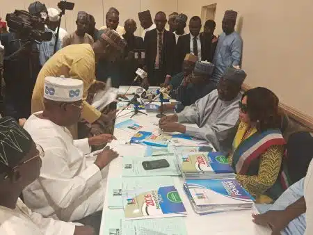 James Faleke receiving APC nomination forms in Abuja on behalf of President Bola Tinubu during the 2027 election preparation launch.