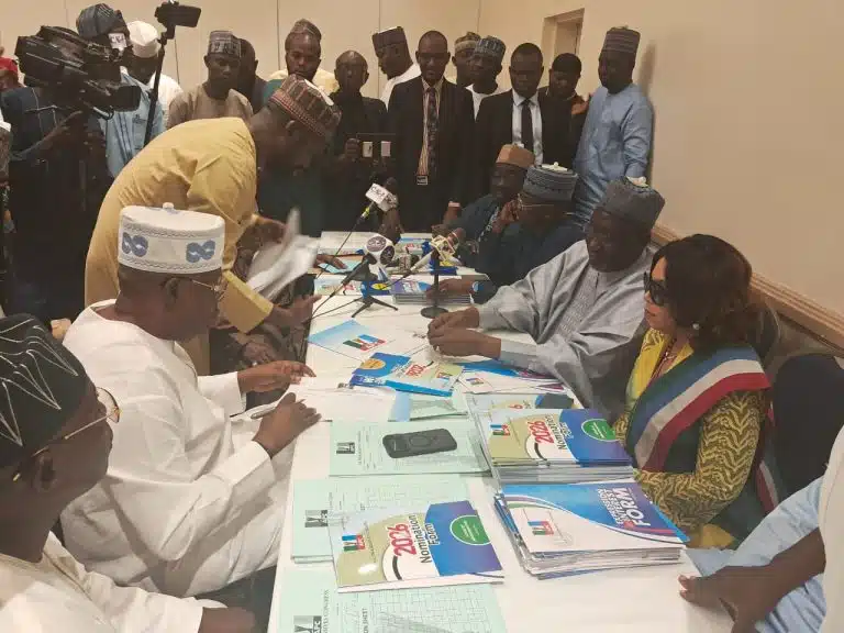 James Faleke receiving APC nomination forms in Abuja on behalf of President Bola Tinubu during the 2027 election preparation launch.