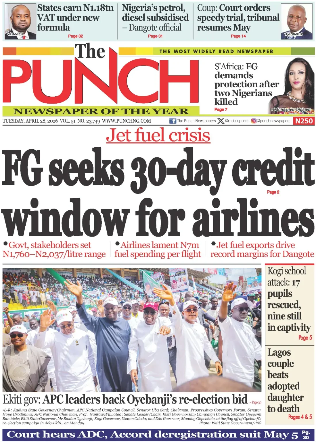 Punch nigeria newspaper frontpage