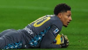 Maduka Okoye in goal for Udinese Calcio during a Serie A match in Italy.