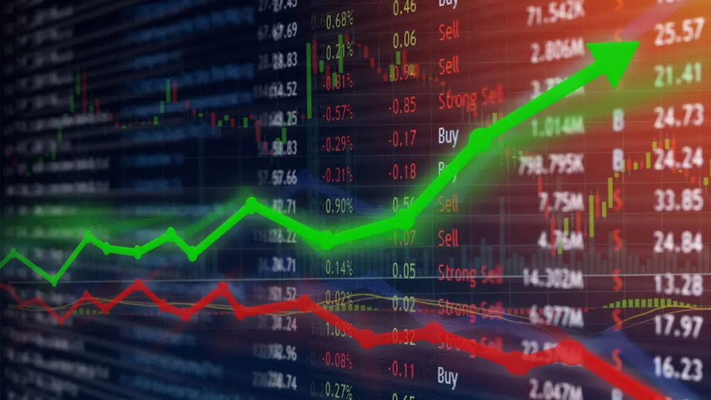 Nigerian Exchange trading floor with stock market data screens showing rising index values