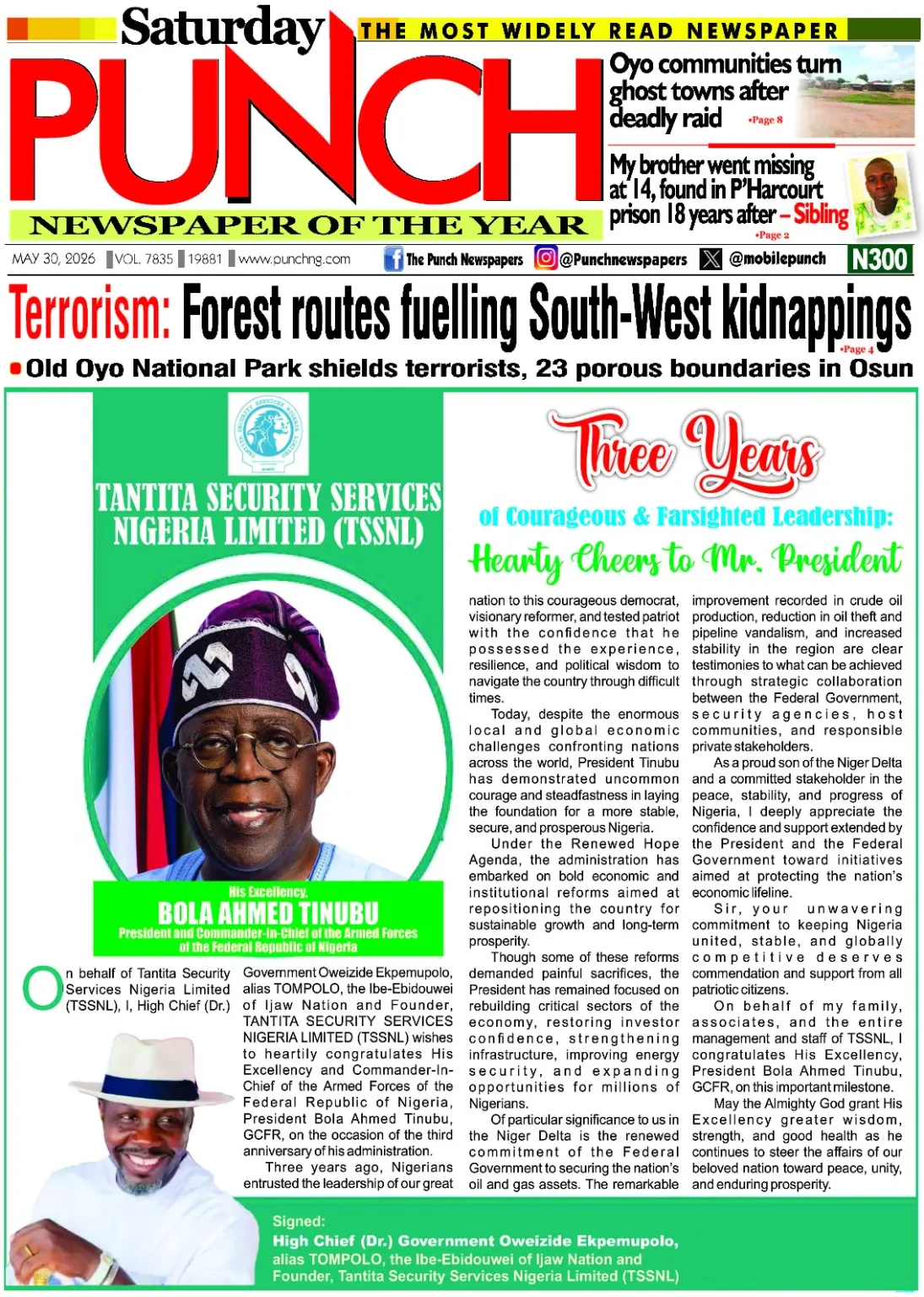 Nigeria & World breaking news: top headlines may 30, 2026 NIGERIA FRONT PAGES